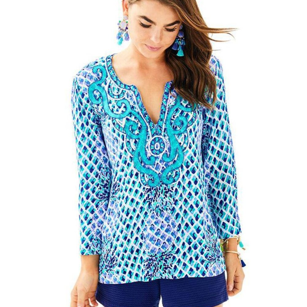 Lilly Pulitzer Long Sleeves Geometric Embroidered Tunic Top Women’s Size L